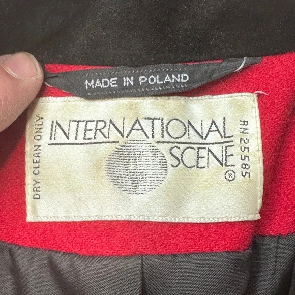 Vintage International Scene Blazer Womens 7/8 Red Wool Blend Coat Leather Trim - Picture 3 of 10